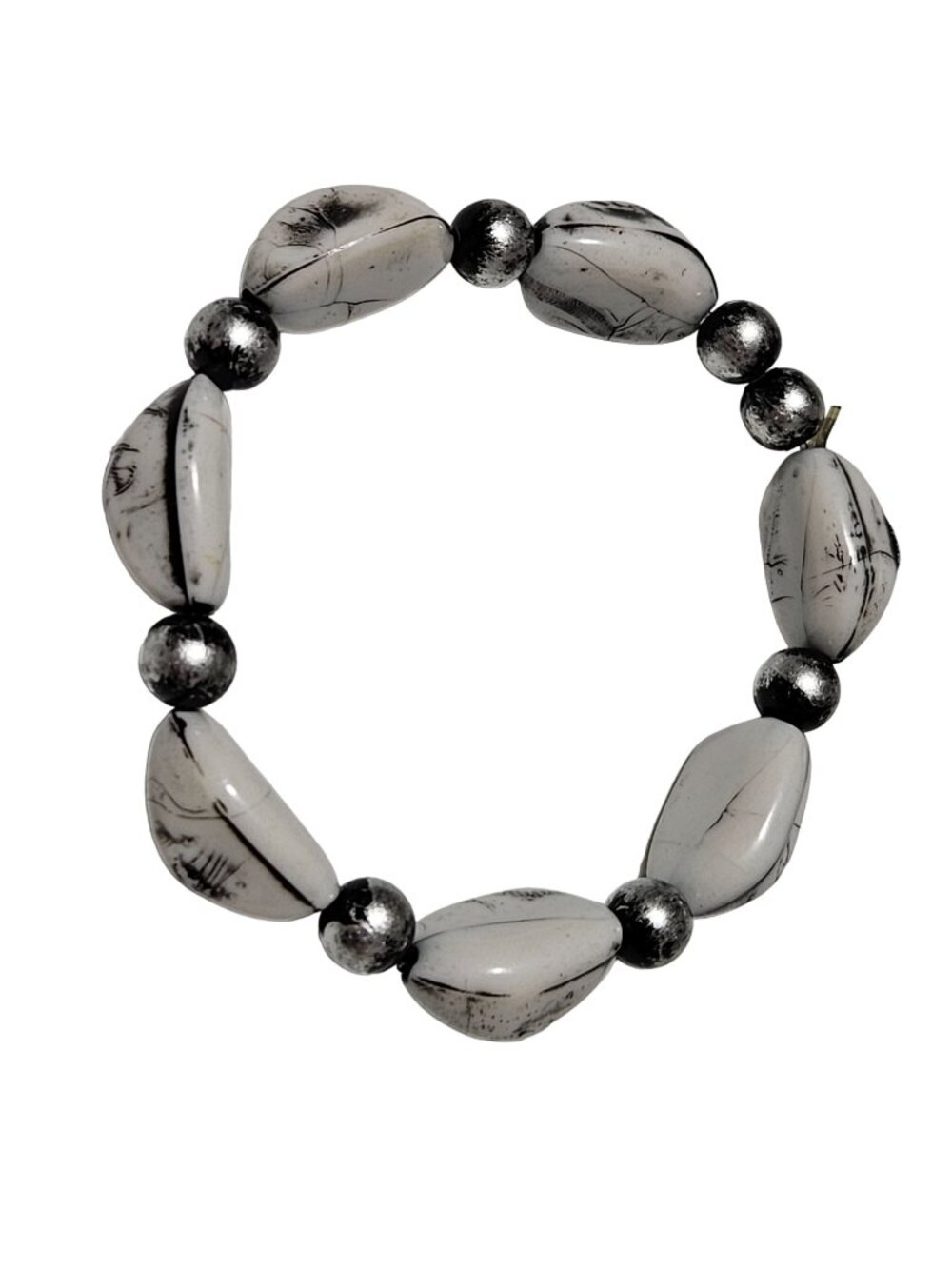 Artsy Beaded Chunky Bracelet Black White Marbled Oval Beads Stretch Boho Modern